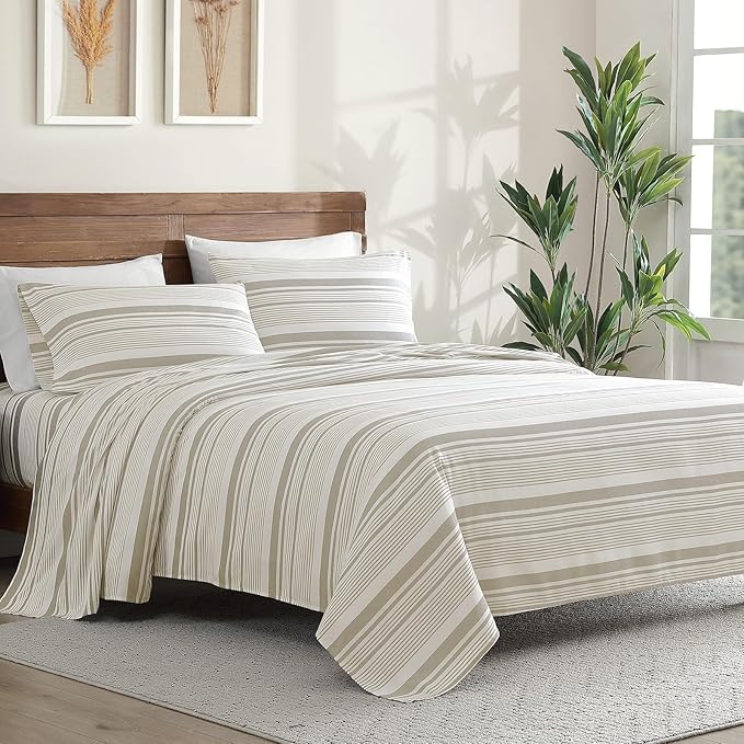 ClevaHome Classic Stripe Sheet Set - 4 Pieces Super Soft & Breathable Bed Sheet Set with Deep Pocket, Enhanced Comfort & Easy Care (King, Desert Stripe)