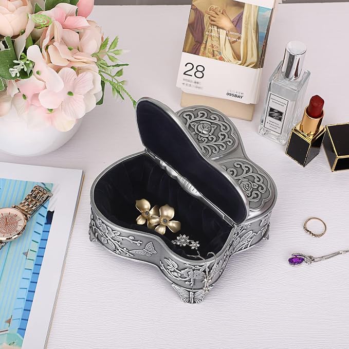 Hipiwe Antique Metal Jewelry Box Butterfly Shape Jewelry Organizer Vintage Trinket Storage Box Treasure Chest Ring Holder Earrings Necklace Storage Box Decorative Metal Box for Women, Large - Image 6