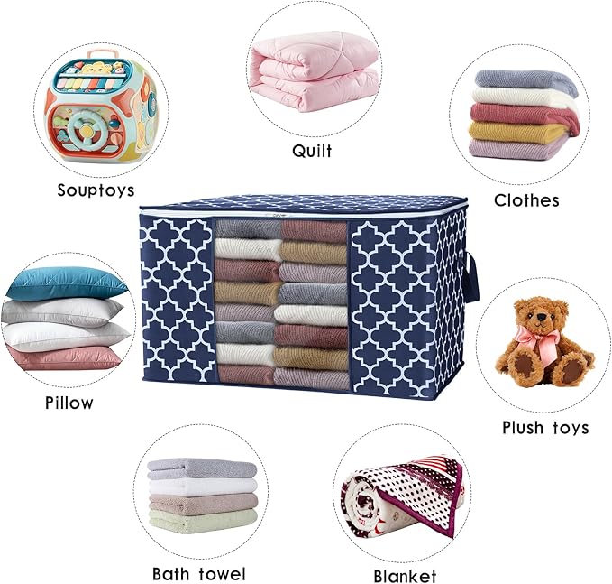 WISELIFE Storage Bags, Large Blanket Clothes Organization and Storage Containers for Bedding, Comforters, Foldable Organizer with Reinforced Handle, Clear Window,Sturdy Zippers,(Blue, 3 x 100L)