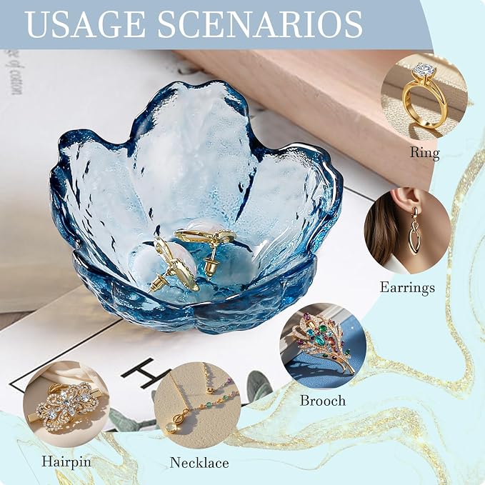 Binoster Blue Flower Glass Ring Dish Jewelry Tray Ring Holder Dish Cute Room Decor Vanity Organizer for Nightstand or Bathroom Aesthetic Trinket Dish Gift for Wife Mom Daughter - Image 6