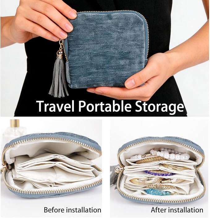 ASINGYER Travel Jewelry Storage Bag for Women, Velvet Portable Jewelry Organizer with Tassel Zipper, Small Pouches for Bracelets Necklaces Rings Earrings, Wedding Gift for Women (Blue) - Image 3