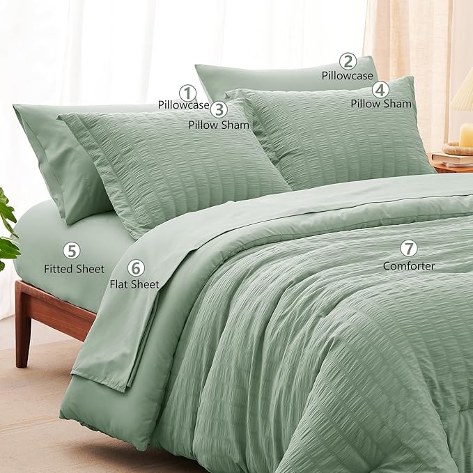 CozyLux Queen Comforter Set Sage Green Seersucker 7 Pieces Bed in a Bag Queen Comforter Set with Sheets, Luxury Soft Bedding Set with Down Alternative Comforter, Sheets, Pillowcases & Shams All Season
