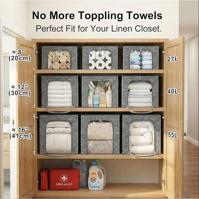 GoMaihe Clothes Storage Bins Metal Frame: 3-Pack Compact Stackable Closet Storage Bin with Lid & Clear Window, Space Saving Organizer for Sweaters Kids Clothes (Dorm/Closet 27L) - Image 5