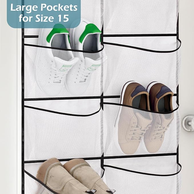 KIMBORA Over The Door Shoe Organizer 12 Large Mesh Pockets Boots Hanging Storage Shoe Rack for Closet White - Image 3