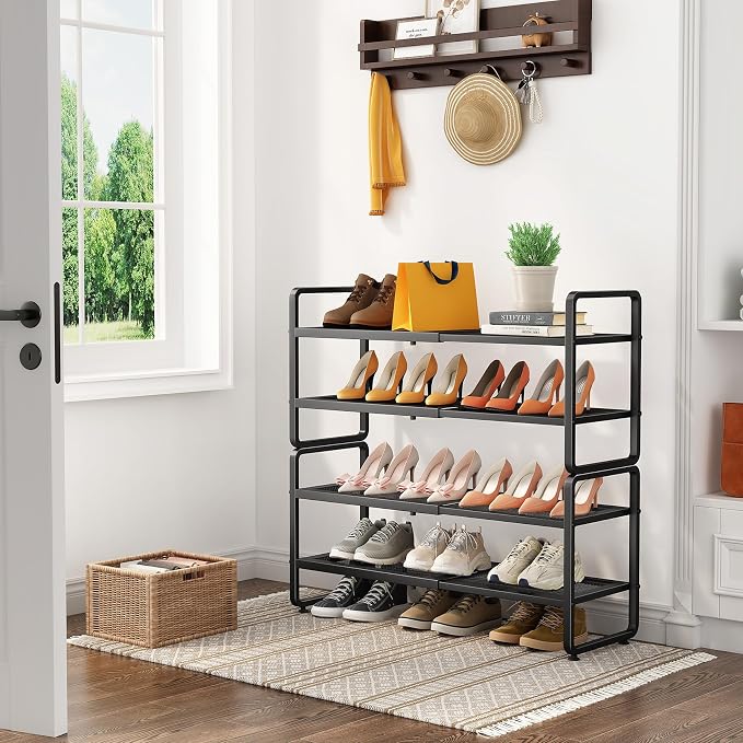 SNTD Shoe Rack - Expandable Shoe Organizer for Closet, Adjustable Metal Shoe Shelf Storage, Stackable Long Shoe Stand Holder for Garage, Entryway, Door Entrance (Black, 4-Tier) - Image 2