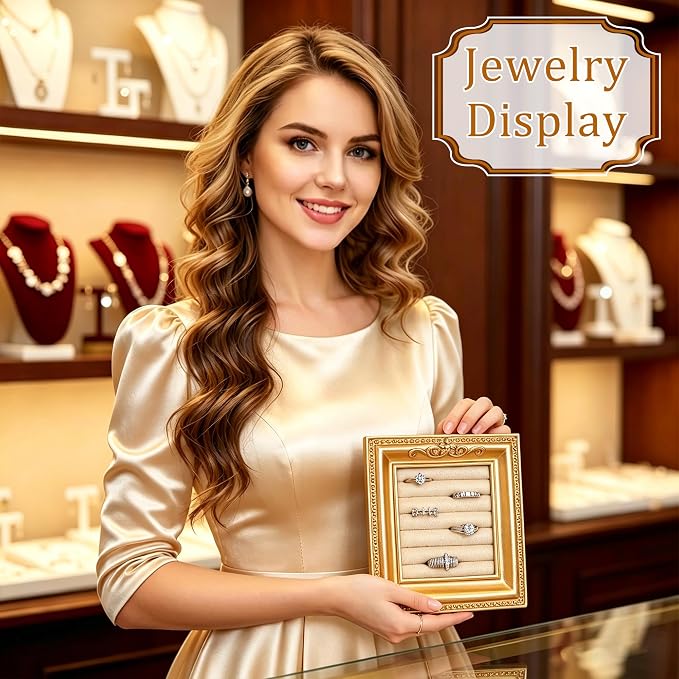 Vintage Ring Holder Rectangle Gold Velvet Display Stand - Baroque Jewelry Organizer Box Tray for Wedding Engagement Anniversary Women Birthday Christmas Gift Photograph Prop (MPF05-Gold Beige) - Image 4