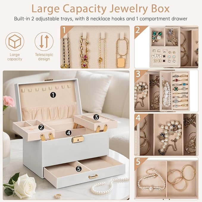 AKOZLIN Travel Jewelry Box Organizer Functional 2-trays Leather Jewelry Storage Case with Lockable Portable Drawer for Women Girls Ring Necklace Earring Bracelet - Image 4