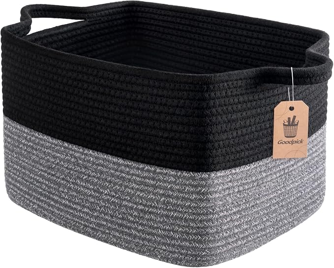 Goodpick Woven Storage Baskets for Organizing, Cotton Rope Organizer for Living Room, Closet Storage Bins for Toys Books, Rectangle Laundry Basket with Handles, 13"x10"x9", Black & Gray by Goodpick