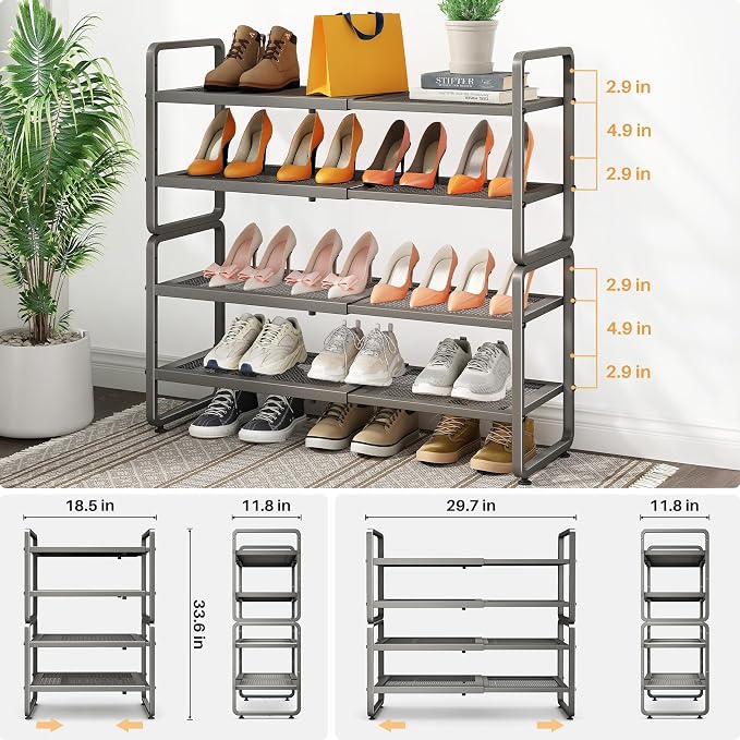 SNTD Shoe Rack - Expandable Shoe Organizer for Closet, Adjustable Metal Shoe Shelf Storage, Stackable Long Shoe Stand Holder for Garage, Entryway, Door Entrance (Grey, 4-Tier) - Image 3