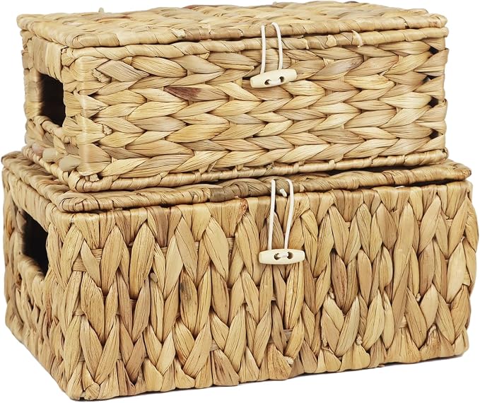 Set of 2 Wicker Baskets with Lid, Small Woven Wicker Storage Bins, Natural Water Hyacinth Basket Multipurpose Decorative Storage Boxes for Shelf Organizer (11.2" x 7.8" x 5.1" + 10" x 6.1" x 3.8") by ORDELITE