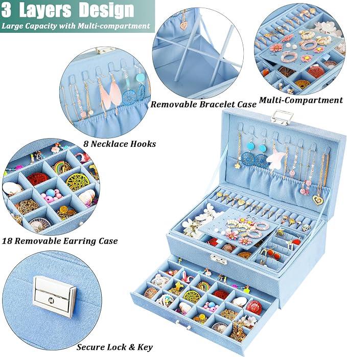 QBestry 3-Layer Jewelry Box for Girls & Teens with Lock and Key, Large Jewelry Organizer with 8 Necklace Hooks & 56 Earring Holes, Blue Velvet Jewelry Storage Box for Necklaces Earrings Rings Bracelet - Image 2