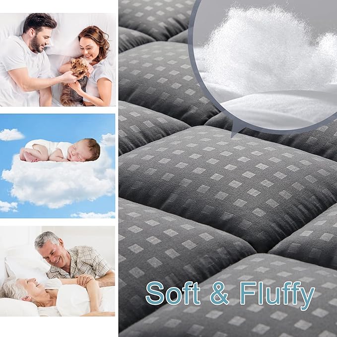 HYLEORY California King Mattress Pad Quilted Fitted Mattress Protector Cooling Pillow Top Mattress Cover Breathable Fluffy Soft Mattress Topper with 8-21" Deep Pocket, Dark Grey