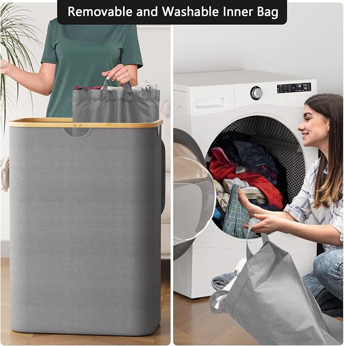 SpaceAid Double Laundry Hamper 2 Section with Lid and Removable Laundry Bags, 160L Clothes Basket with Bamboo Handles, Large Collapsible Hamper for Bedroom, Bathroom, Dorm, Laundry Room - Grey - Image 4
