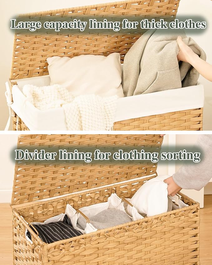 SETVSON Laundry Hamper with Lid Laundry Basket 132 L (35 Gal) Wicker Clothes Hamper, Handwoven Rattan Hamper with Handles and 4 Removable Liner Bags, 6 Mesh Bags for Laundry Bedroom Natural - Image 3