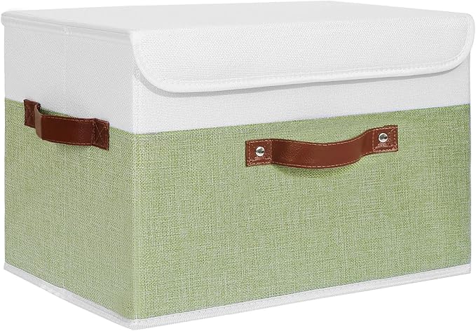 ANMINY Storage Boxes with Lids Washable Decorative Storage Bins Basket with PU Leather Handle Foldable Linen Fabric Storage Cubes Containers for Home Closet Organizer - Green White, Large Size by ANMINY