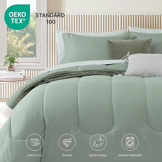 Monbix King Size Comforter Set - 7 Pieces Bed in a Bag King, Sage Green Track Stitching Bedding Sets, All Seasons Bed Set with Sheets, Pillowcases & Shams