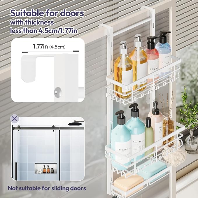 SWTYMIKI Over The Door Shower Caddy - 3 Tier Rustproof Hanging Shower Organizer with Adjustable Shelves, 28 Hooks & Soap Holder, Hanging Shower Rack Storage for Bathroom Accessories, White - Image 5