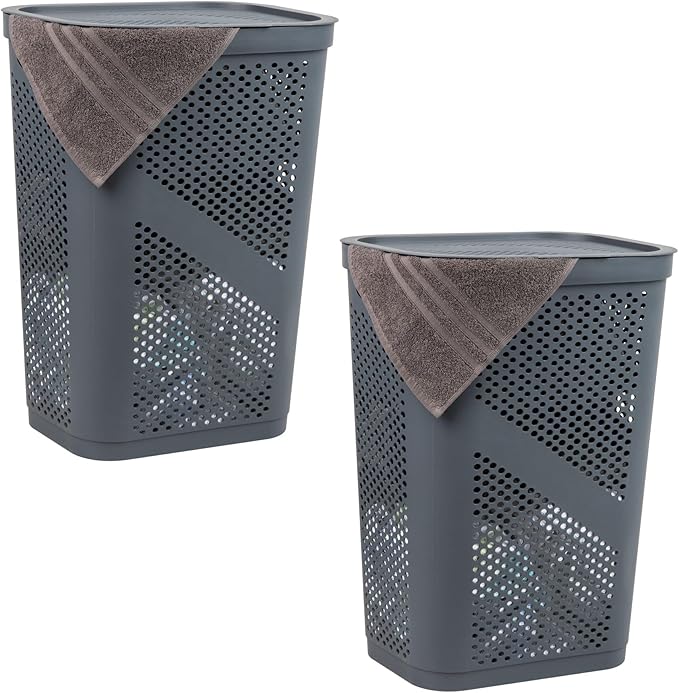 Mind Reader 60L Slim Laundry Hamper, Clothes Basket, Lid, Ventilated, Plastic, Set of 2, Gray by MindReader