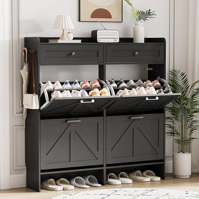 Shoe Cabinet with 4 Flip Drawers & 2 Top Drawers, 43" Tall Freestanding Narrow Wooden Shoe Storage Organizer for Entryway, Hidden Slim Shoe Rack for Front Door Entrance, Hallway, Living Room, Black by Xixini