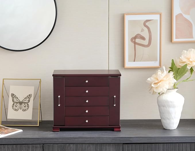 Brown 5 Layer Jewelry Box for Women,Top With Mirror Wooden Jewelry Organizer,With 8 Hook And Velvet Lining Large Jewelry Storage,For Watch Necklace Ring Earring Storage Gifts by Unknown