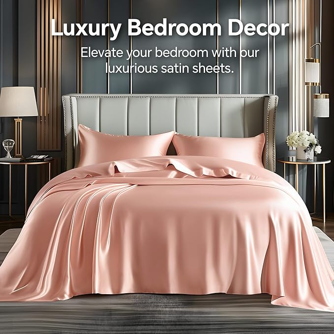 BEDELITE Satin Sheets Full Size Bed Set, Luxury Soft Coral Pink Silky Sheets for Hair and Skin, Similar to Silk Bed Sheets Set 4 Pieces with 1 Deep Pocket Fitted Sheet, 1 Flat Sheet, and 2 Pillowcases
