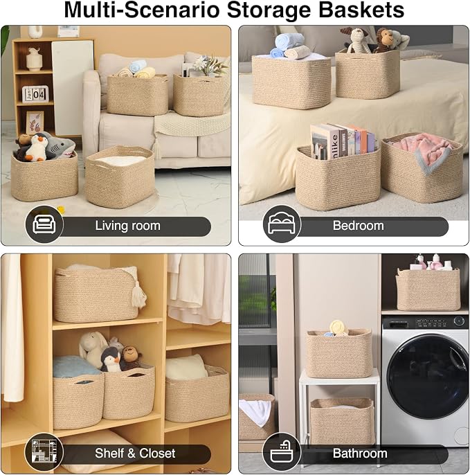 ICERZCZ Storage Baskets for Organizing & Shelves, Woven Cotton Rope Organization Bins for Dog Toys, Clothes, Books, Nursery Organizer, 15" Lx11''Wx9.5''H, (4 Packs) Brown - Image 5
