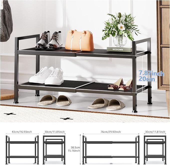 2 Tier Shoe Rack, Expandable Shoe Rack for Closet, Adjustable Shoe Organizer for Entryway, Shoe Storage Organizer for Door Entrance, Garage, Bedroom - Image 3