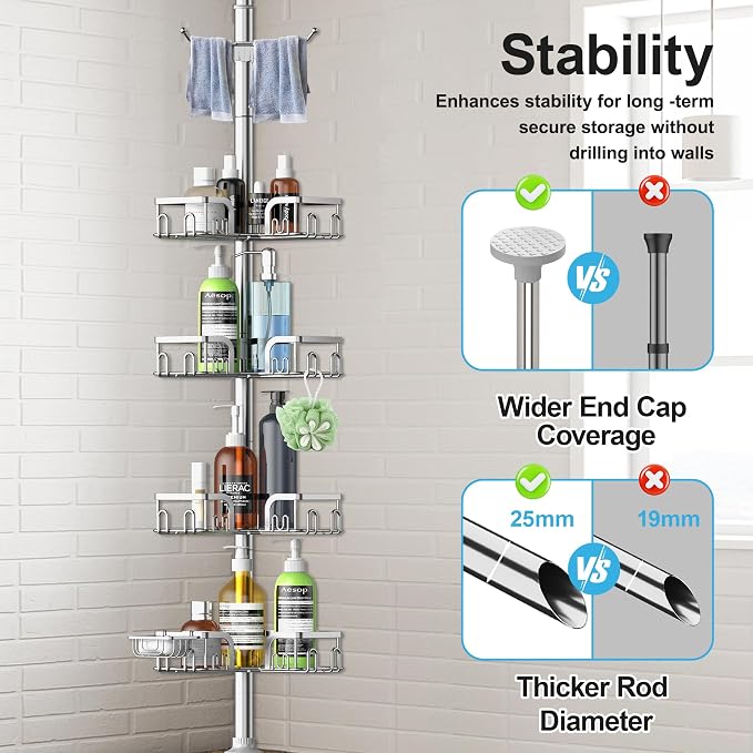 Corner Shower Caddy Tension Pole 4 Tier Adjustable Stainless Steel Shower Shelf for Inside Shower Bathtub Shampoo,Standing Bathroom Organizer Shelves with 39 to 113 inch Height - Image 6