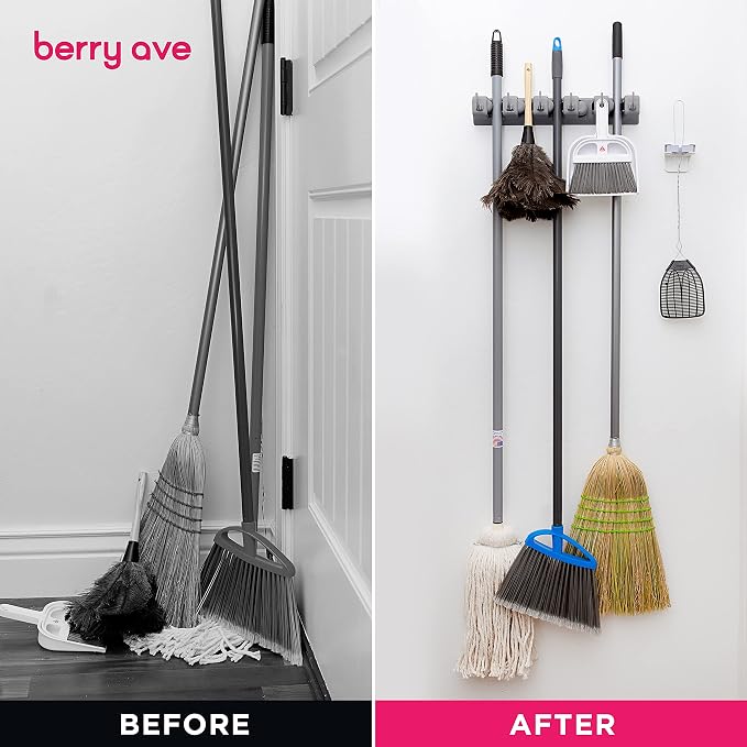 Combo 5 Slot Broom Holder w/ 1 Self Adhesive Mop Gripper No-Drilling, Wall Mount Tool Organizers For Kitchen, Garage, Laundry Room- Anti-Slip Hanger For Brooms, Mops, Rakes, Dustpans (Grey / White) - Image 7