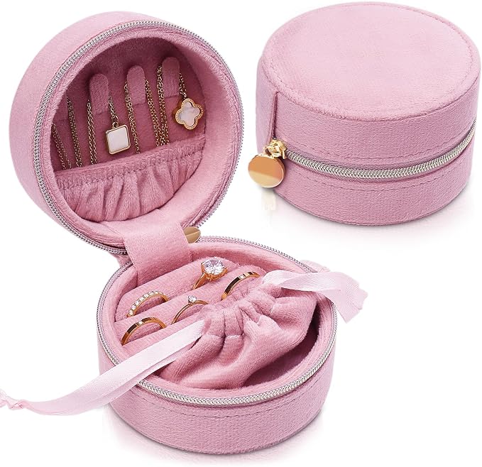CONBOLA Travel Jewelry Case Small Jewelry Box for Women Girls,Round Velvet Mini Jewelry Travel Organizer,Portable Jewelry Box for Rings Earrings Necklaces Bracelets.(Pink,Small) by CONBOLA
