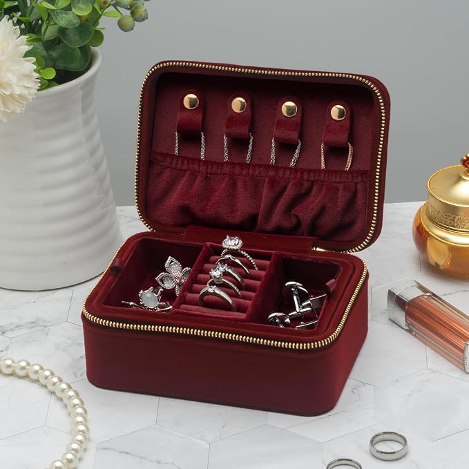 Velvet Travel Jewelry Organizer Box with Zipper Around,Portable Accessory Display Tray Holder Storage Case for Multiple Earrings Rings Necklaces Bracelets (Red) - Image 7