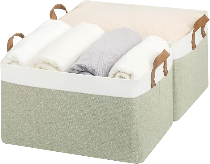 StorageWorks Storage Bins, Fabric Storage Bins for Shelves, Extra Large Storage Baskets with Metal Frame, Closet Baskets and Bins with Handles, Jumbo, Green and White, 2-Pack by StorageWorks