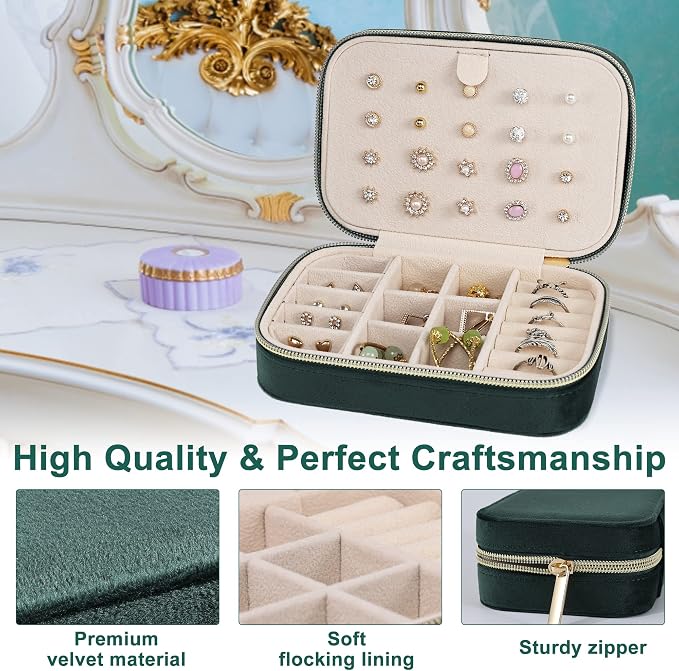 Dajasan Velvet Travel Jewelry Box, Mini Travel Jewelry Case, Small Portable Travel Jewelry Organizer for Women Girls (Green) - Image 4