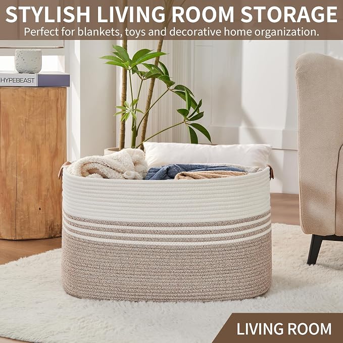 Large Woven Laundry Basket Hamper, 72L Cotton Rope Storage Bin for Blankets, Toys, Clothes, Decorative Nursery Hamper for Living Room, Baby Nursery, Bathroom, Bedroom, Kids Storage, Light Brown - Image 7