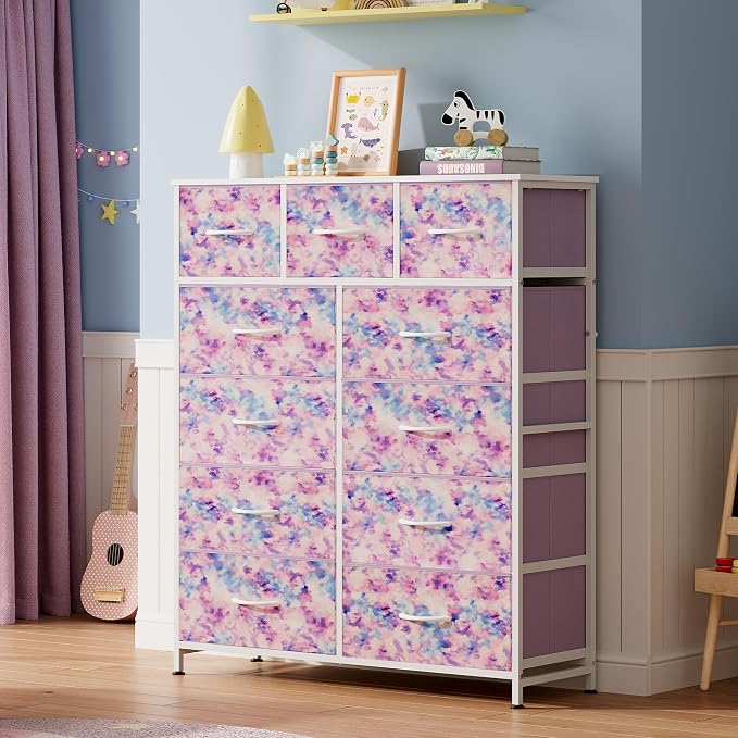 WLIVE Storage Organizer Unit with 11 Fabric Bins, Storage Drawers Organizer with Steel Frame, Tall Storage Tower Organizaton for Living Room, Hallway, Office, Tie-dye Print (Pink, Purple, Blue) - Image 2