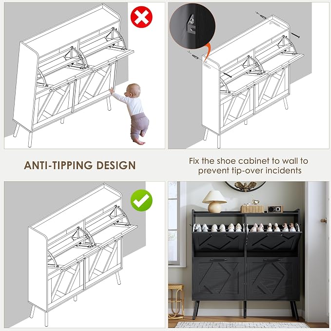 Nicetree Shoe Cabinet with 4 Flip Drawers, Hidden Shoe Rack Cabinet with Metal Legs, Farmhouse Narrow Shoe Storage Cabinet for Entryway, Foyer, Hallway, Black with Hook - Image 7