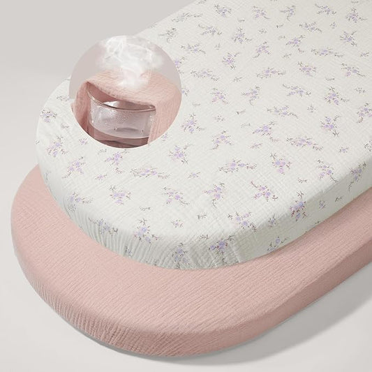 Basumee Muslin Bassinet Sheets for Baby Girl Boy 2 Pack Soft Breathable Baby Bedside Bassinet Fitted Sheets with Bottom Elastic Band Mattress Cover for Rectangle Oval Hourglass Bassinets