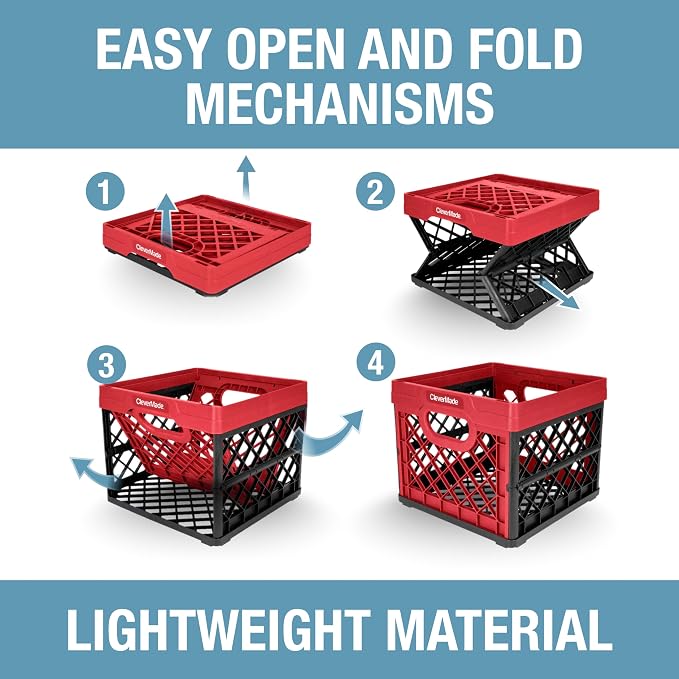 CleverMade Collapsible Milk Crate 25L (6.6 Gal), 50 lb Capacity Heavy Duty Folding Crate – Stackable Storage Crates with File Rails, Plastic Collapsible Crates - Red - Image 6
