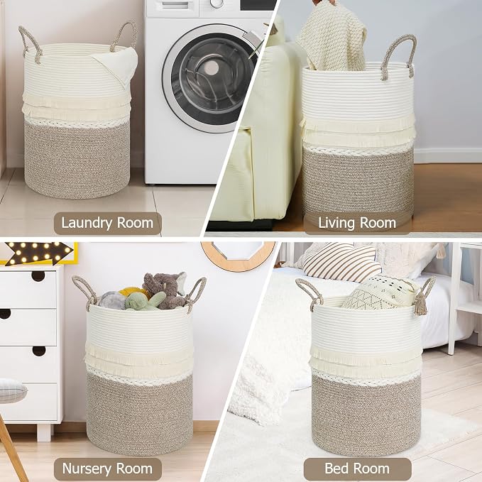 danpinera 79 L Large Laundry Basket, Tall Woven Cotton Storage Hamper with Handles, Dirty Clothes Hamper in Bathroom, Decorative Storage Basket for Living Room White & Brown - Image 7