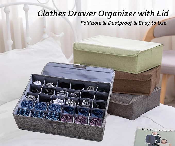 AARAINBOW 4 Packs Underwear Socks Ties Storage Organizer with Lids Foldable Closet Drawer Organizer 120 Cells, Fabric Wardrobe Divider Storage Boxes for Scarves and Lingerie (30 Cell, 4 Gray) - Image 3