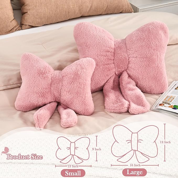 XVTRU Dusty Pink Bow Pillow, Soft Bow Decorative Pillows with Faux Rabbit Fur, Cute 12" Bow Throw Pillows, Aesthetic Home Decor Bow Shaped Plush Pillow for Bedroom Sofa Couch