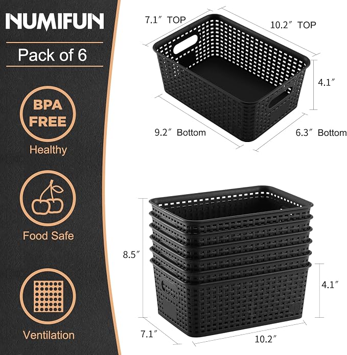 Plastic Storage Baskets 6 Pack Sturdy Storage Organizer Basket Woven Plastic Storage Bins for Shelves,Closet,Countertops, Desktops, Cabinets and Badrooms,Saving Storage, Stylish Design,Black - Image 2
