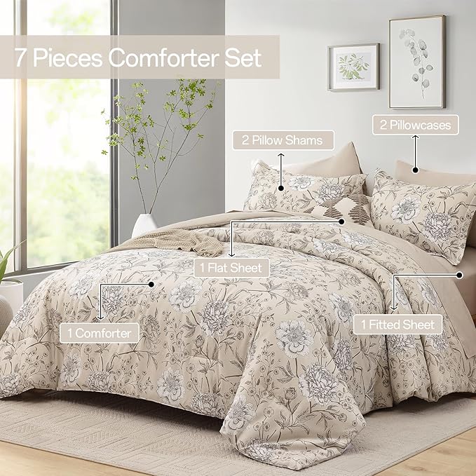 Yiran 7 Piece Bed in a Bag Beige Comforter Set King Leaves Botanical Bedding Set,Soft Microfiber Floral Comforter with 2 Pillowcases 2 Pillow Shams 1 Flat Sheet 1 Fitted Sheet 104"×90"