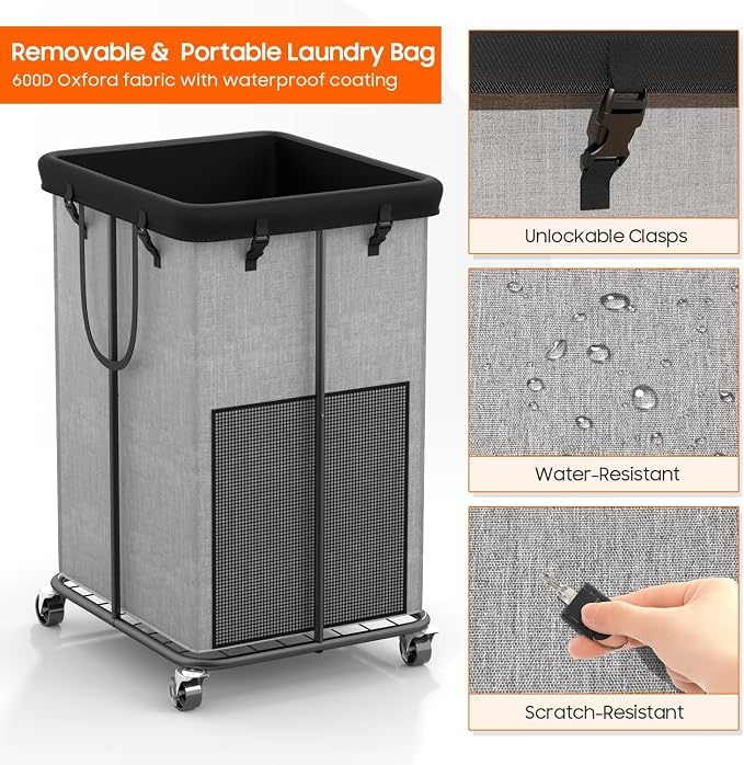 150L Laundry Hamper with Wheels, Rolling Laundry Basket with Metal Frame and Removable Bag, Large & Tall Dirty Clothes Hampers for Bedroom Aesthetic, Laundry Room, Bathroom, Dorm-Grey - Image 5