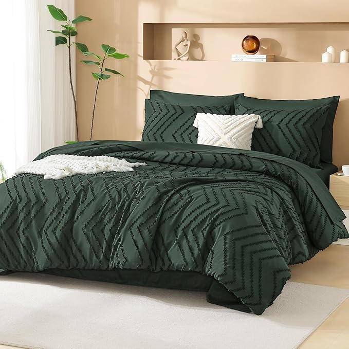 Litanika Forest Green Queen Size Comforter Set with Sheets - 7 Pieces Bed in a Bag Queen Boho Tufted Complete Bedding Sets with Comforter, Sheets, Pillowcases & Shams