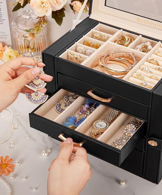 Enthralite Jewelry Box with 4 Drawers: Display Organizer for Earrings Necklaces - Gifts for Girls Women (Black) - Image 3