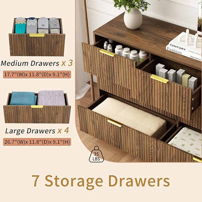 7 Drawer Dresser and Nightstand Sets for Bedroom, 3 Pcs Bedroom Set，Night Stand Set of 2 & 7 Drawer Dresser with Gold Handles, Wood Chest of Drawers Mid Century Storage Cabinet Set, Natural