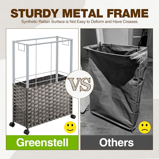 Greenstell Laundry Hamper with Wheels, 17.4 Gallon (66L) Slim Laundry Basket with 2 Removable Liner Bags & 2 Mesh Bags, Narrow Rattan Clothes Hamper for Bedroom, Laundry Room, Bathroom, Grey - Image 7