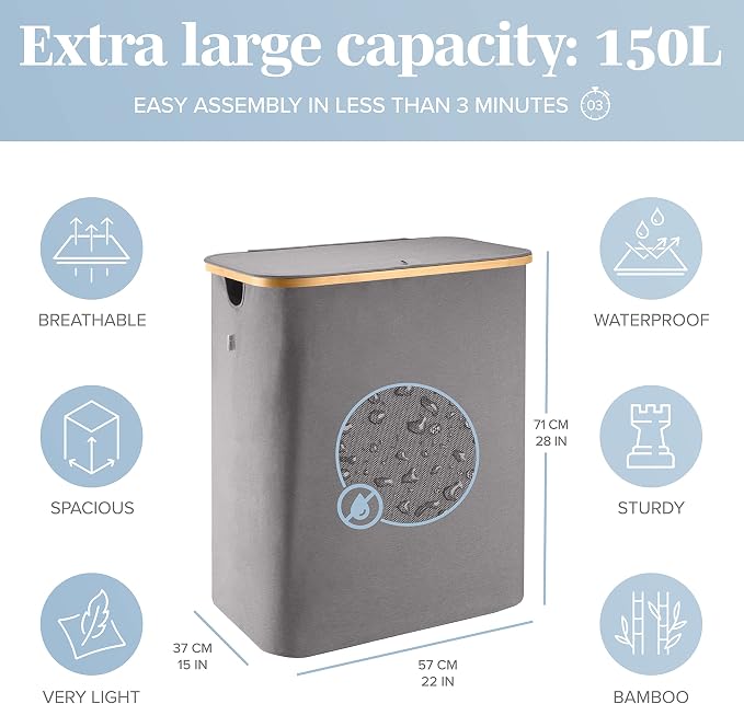 LONBET Laundry Basket with Lid, Made from Breathable Fabric | Aesthetic Clothes Hampers for Laundry with Side Handles & Sturdy Bamboo Frame (40 Gallons - Double, Gray) - Image 3