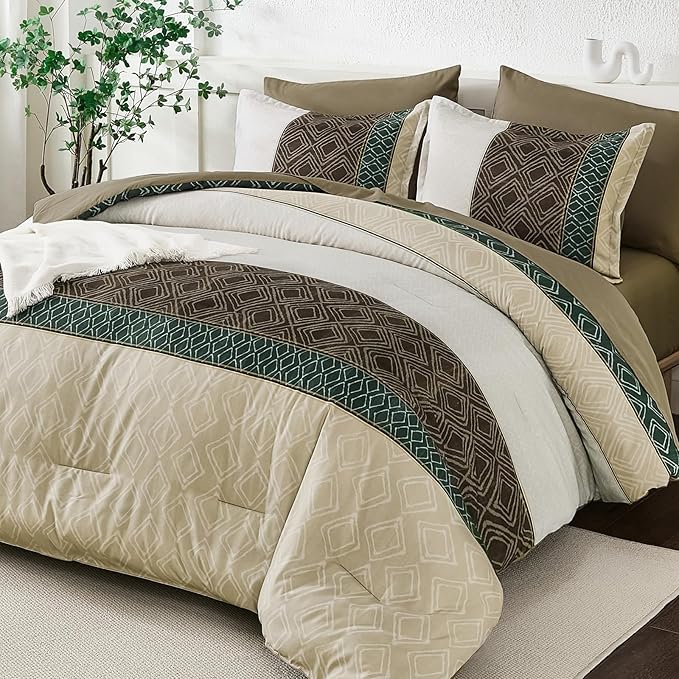 Dinjoy Khaki Brown King Size Comforter Set,Striped Bed in a Bag King Boho 7 Pieces Soft Microfiber Fall Bedding Comforters Sets Bed Lightweight Taupe Complete Set for All Season